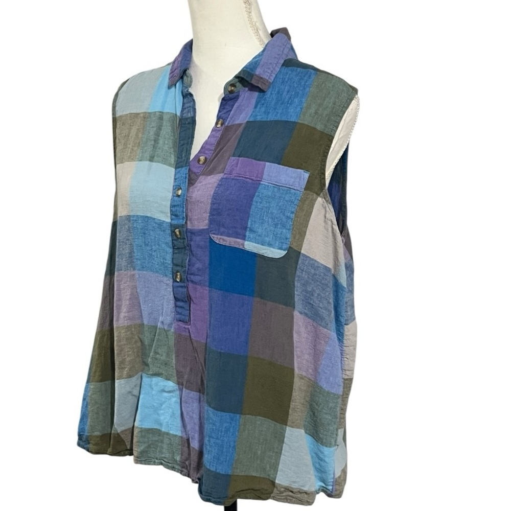 Time and Tru XL Blue/Purple Plaid Button Down Sleeveless Shirt EUC - Picture 2 of 6